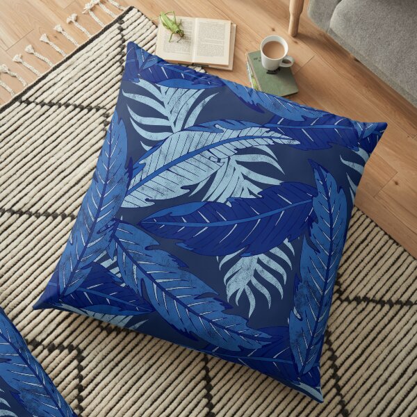 Hamptons Tropical Palm Leaves in Blue and White Floor Pillow