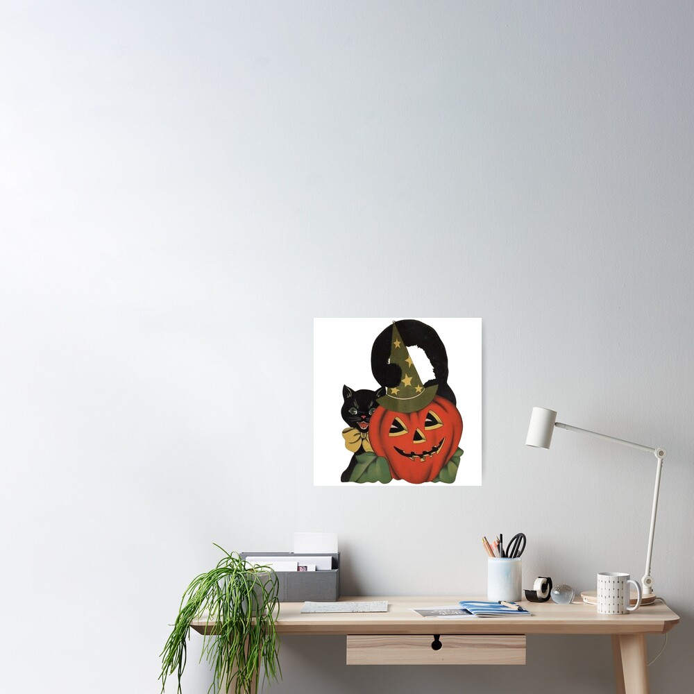 Vintage Halloween Illustration With a Black Cat and Pumpkin  Art