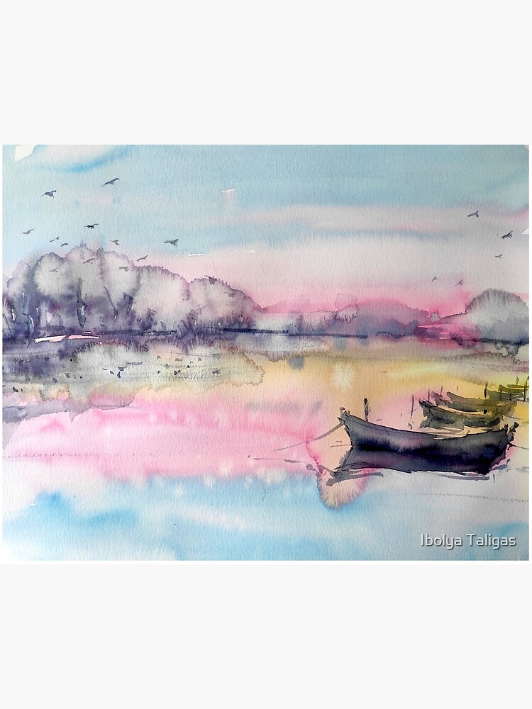 Sunset Over Lake Oil Pastel Painting Original Art Boat Painting Colorful  Landscape Lake House Decor Wall Art 