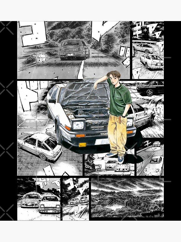 Initial D Anime Manga Cover Car Japanese Printed Cotton Men's T