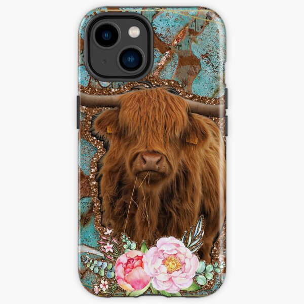 Turquoise and Cowhide Highland Cow and Roses iPhone Tough Case