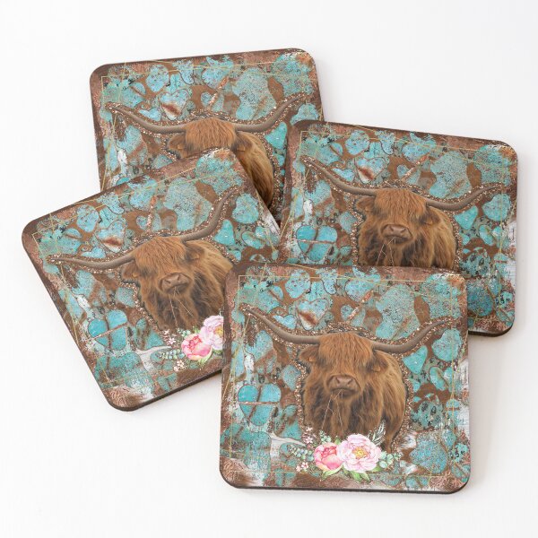 Item preview, Turquoise and Cowhide Highland Cow and Roses  designed and sold by ElishaKayne.