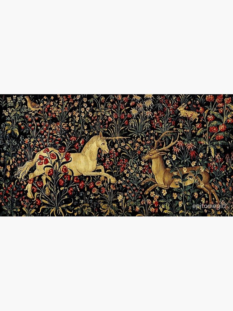 Artwork view, Medieval Unicorn Midnight Floral Tapestry designed and sold by epitomegirl