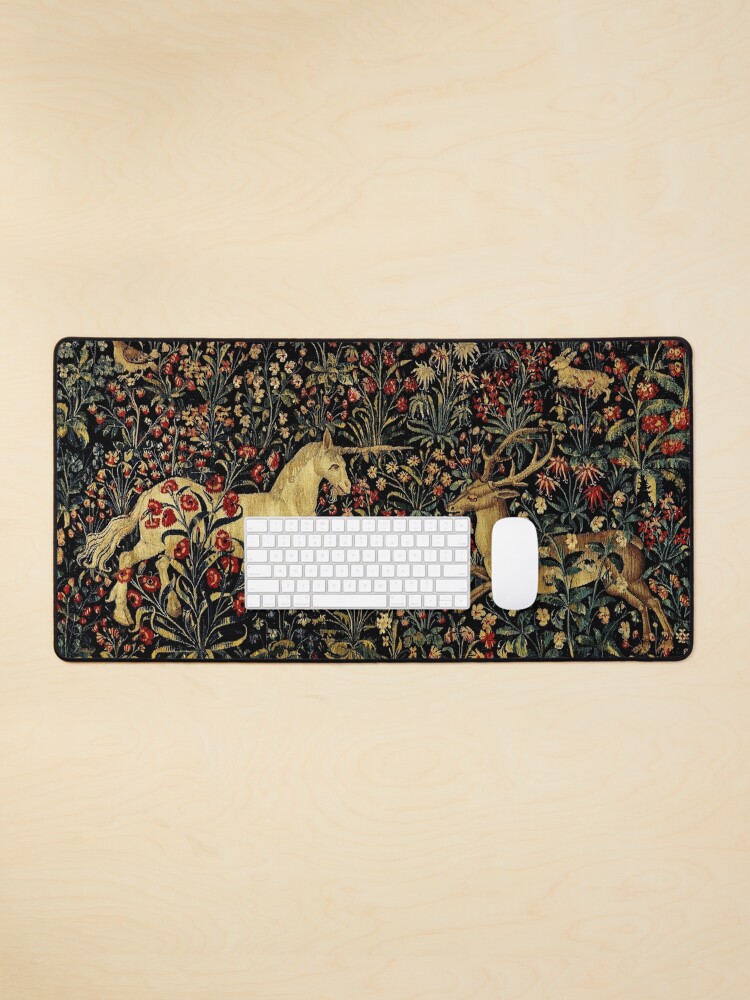 Thumbnail 1 of 5, Mouse Pad, Medieval Unicorn Midnight Floral Tapestry designed and sold by epitomegirl.
