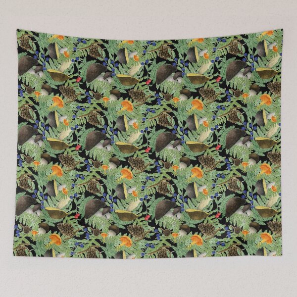 Item preview, Watercolor Forest Mushrooms Autumn Pattern Black Background designed and sold by AlicjaCurioseur.