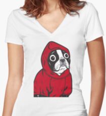 Boston Terrier in a Red Hoodie Women's Fitted V-Neck T-Shirt