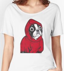 Boston Terrier in a Red Hoodie Women's Relaxed Fit T-Shirt