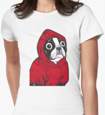 Boston Terrier in a Red Hoodie Women's Fitted T-Shirt