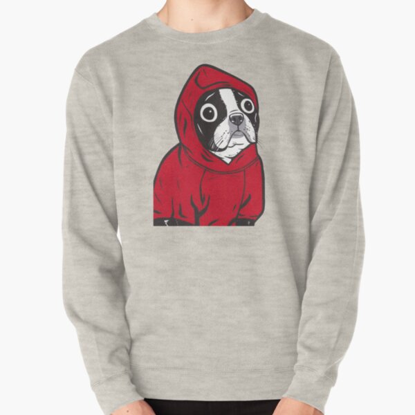 Boston Terrier in a Red Hoodie Pullover Sweatshirt