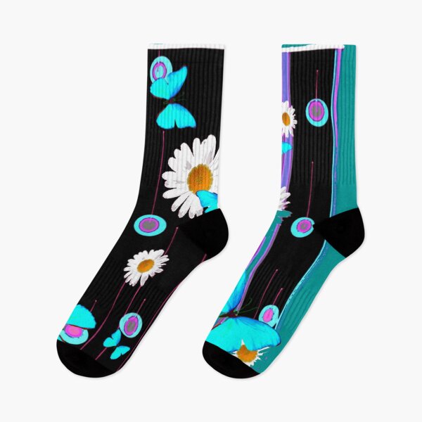 Item preview, NEON BUTTERFLIES WHITE DAISY FLOWERS FLORAL TEAL ART designed and sold by sharlesart.