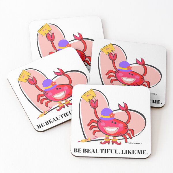 Item preview,  CUTE FUNNY CARTOON FUCHSIA  RED PINK CRAB WITH UMBRELLA TEXT #3 (BE BEAUTIFUL. LIKE ME.  - White/Transparent Background)  designed and sold by EllieMonroe.