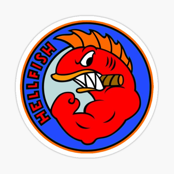 Vista previa del artículo con la obra «El logotipo de Fighting Hellfish rojo y azul», diseñado y vendido por BankrobberGus.