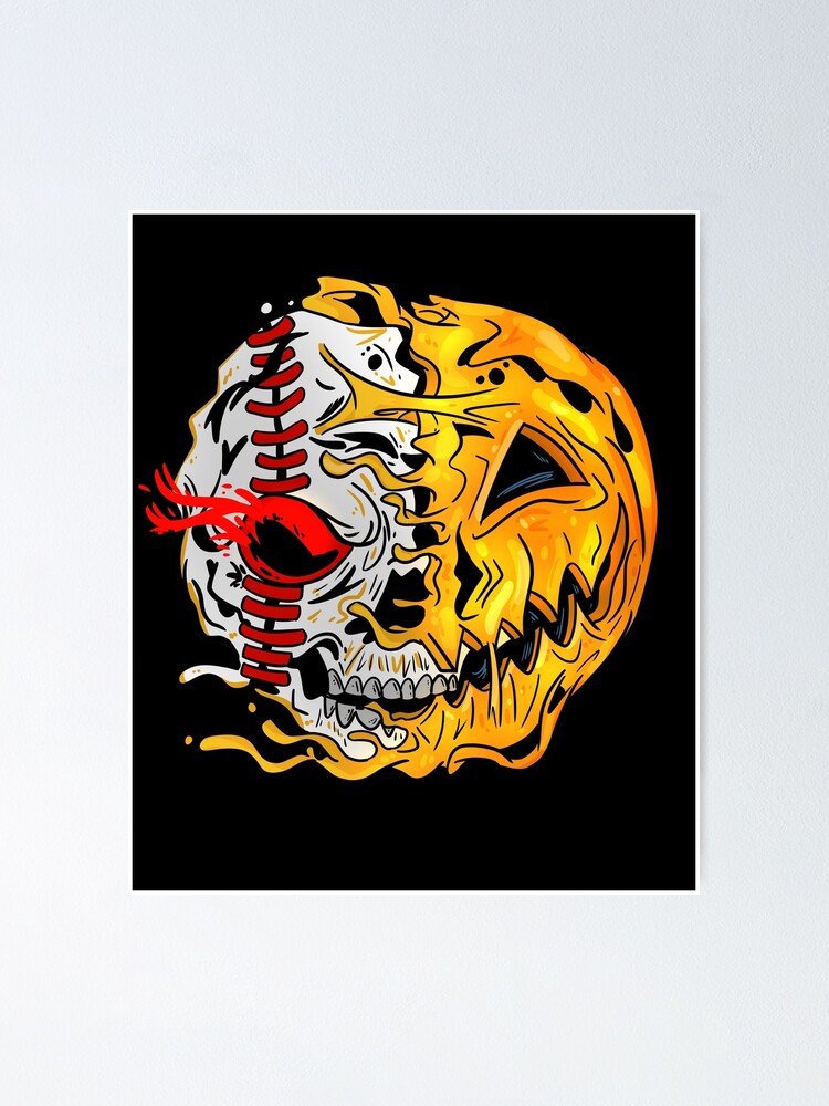 "Baseball Player Halloween Pumpkin Skull, Skeleton Kids Teens" Poster