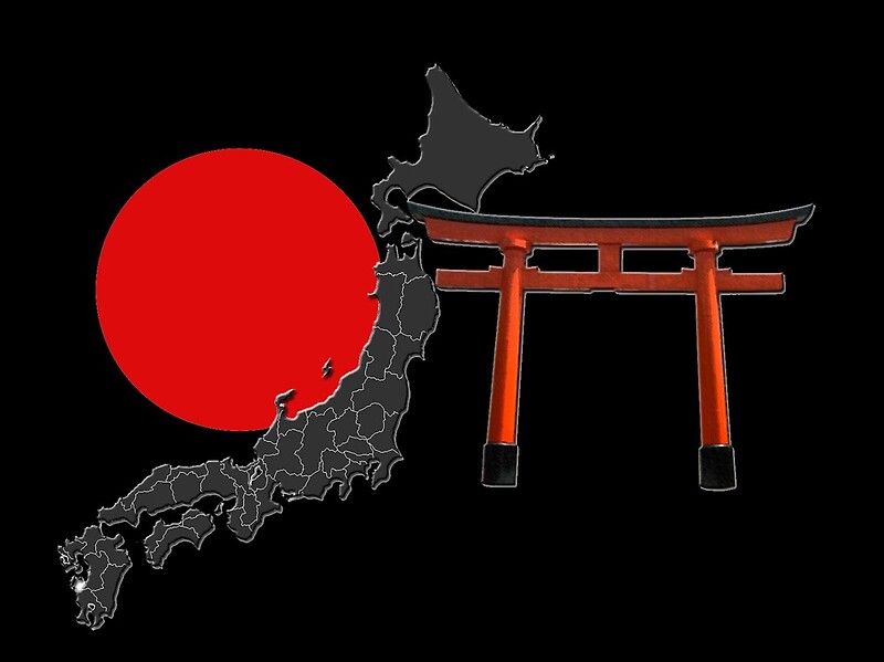 The red circle of the Japanese flag, map of Japan and a torii, black backgr...