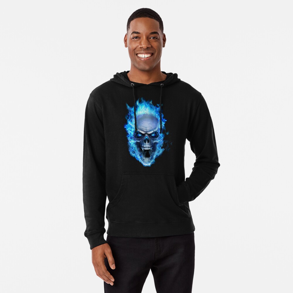 Flaming Blue Skull Cool Graphic Lightweight Hoodie for Sale by SpookshowDesign Redbubble