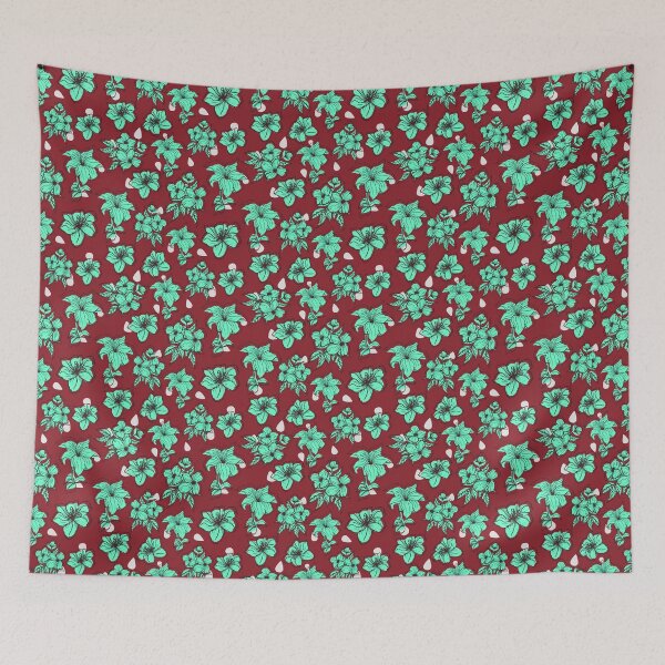 Item preview, Green Flower Pattern in Maroon Color Background Bed Sheet Design designed and sold by PodiShawna.