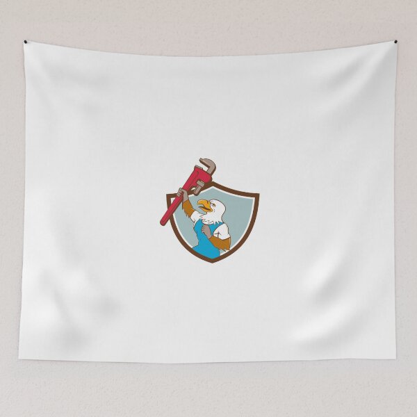 Item preview, Eagle Plumber Raising Up Pipe Wrench Crest Cartoon designed and sold by patrimonio.