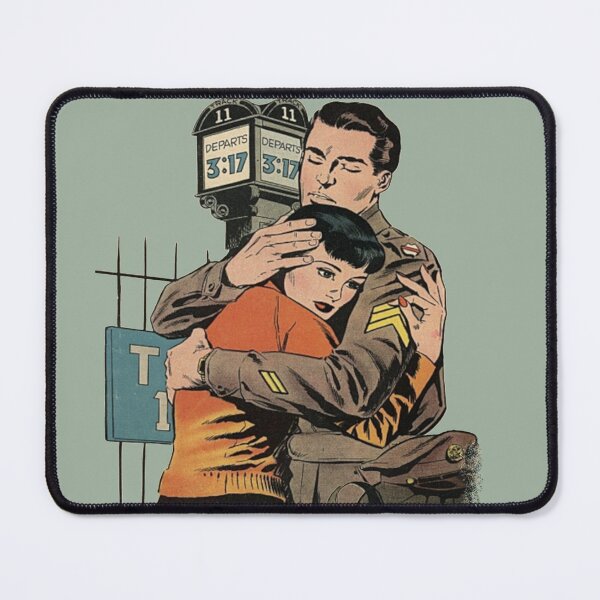 Item preview, Handsome American US Sergeant Embracing Beautiful Dark Haired Woman Vintage Comic Illustration designed and sold by TrulyEpoque.