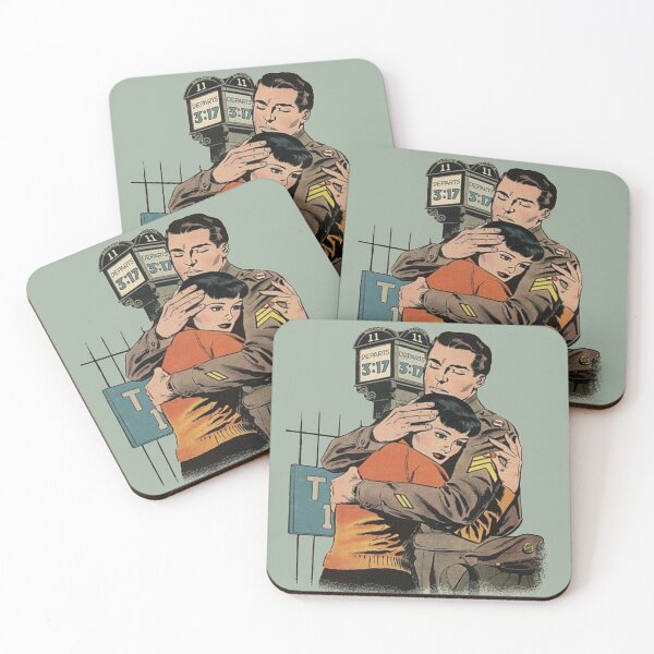 Item preview, Handsome American US Sergeant Embracing Beautiful Dark Haired Woman Vintage Comic Illustration designed and sold by TrulyEpoque.