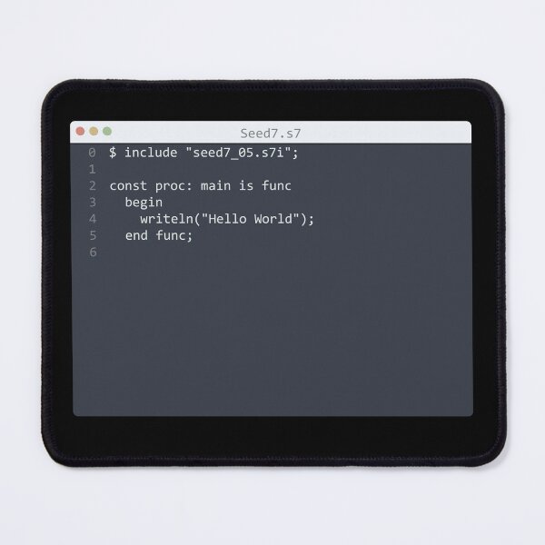 Artikelvorschau, . Seed7 language Hello World program sample in editor window entworfen und verkauft von IuriiVlasenko.
