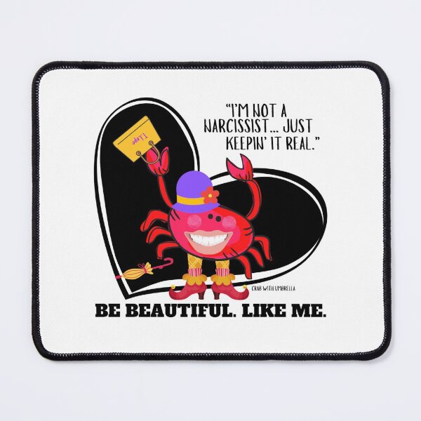 Item preview, CUTE FUNNY CARTOON FUCHSIA RED PINK CRAB WITH UMBRELLA TEXT #4 (I’M NOT A NARCISSIST/ BLACK HEART) designed and sold by EllieMonroe.