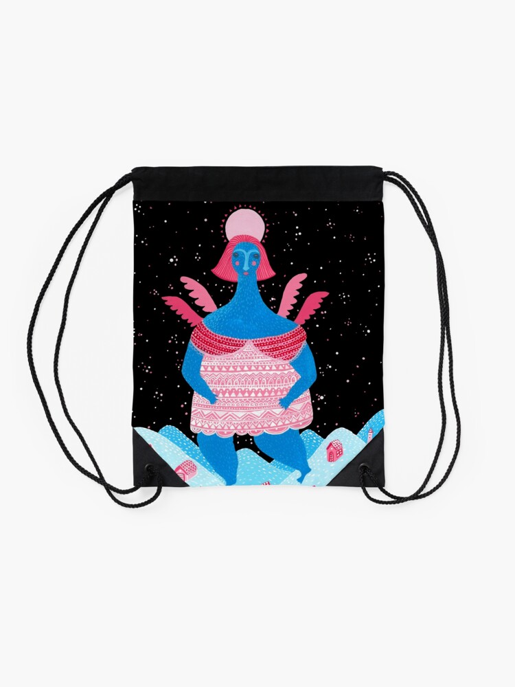Alternate view of Merry Christmas! - 1, Angel above the village Drawstring Bag