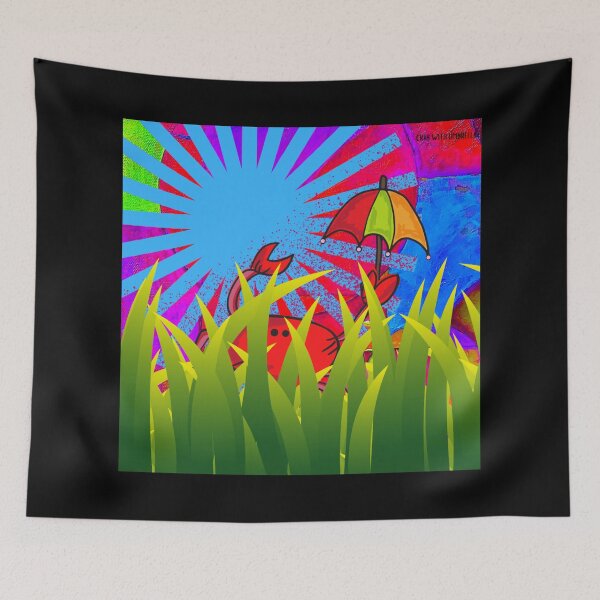 Aperçu de l'œuvre CUTE FUNNY CARTOON CRABE ROUGE FUCHSIA ROSE AVEC PARAPLUIE PERDU DANS L'HERBE créée et vendue par EllieMonroe.