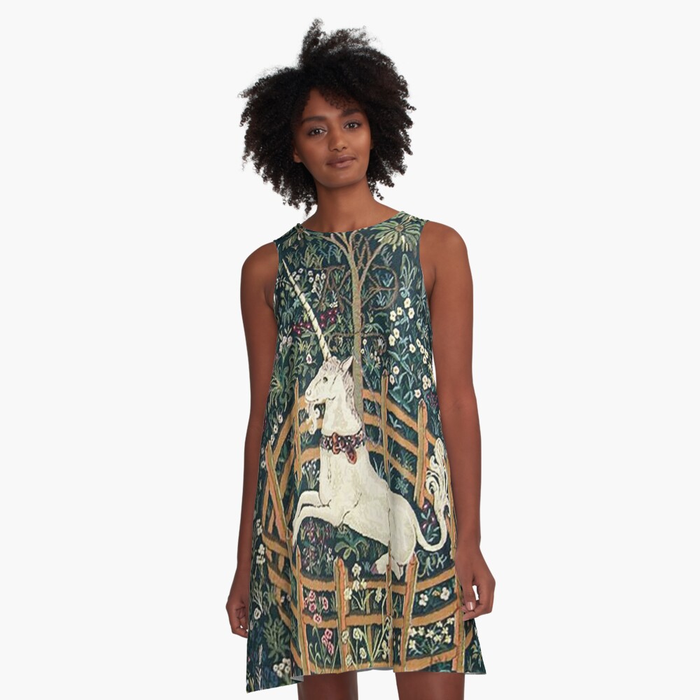 Medieval Unicorn Floral Tapestry A-Line Dress for Sale by epitomegirl