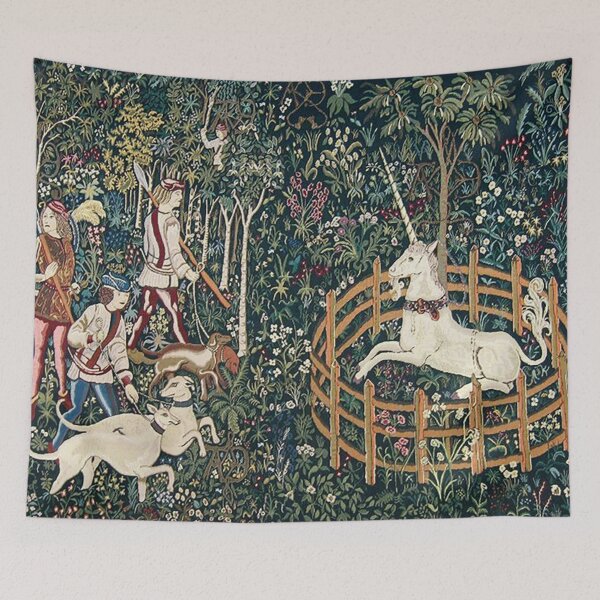 Item preview, Tapiz floral de medianoche con unicornio medieval designed and sold by Epitome Girl.