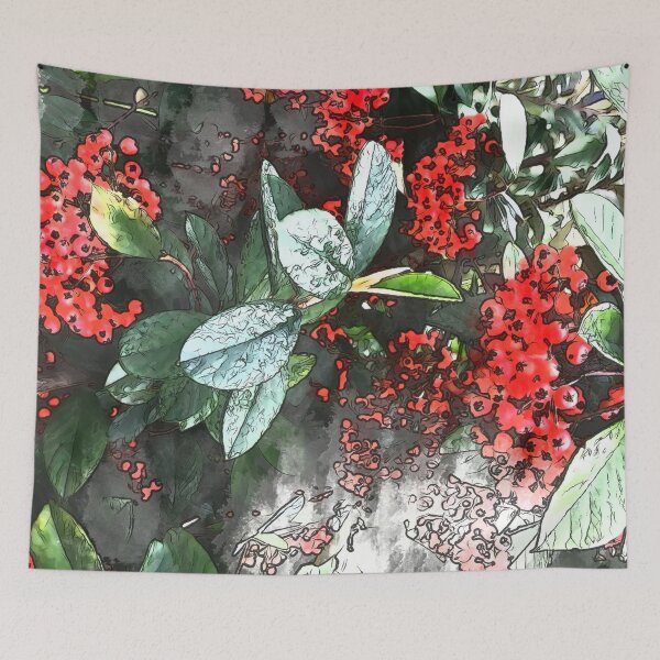 Item preview, Natura lovers, red berries and green leaves, pattern, watercolor butterfly designed and sold by Collagedream.