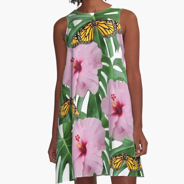 Pink Floral and Monarch Butterflies A-Line Dress