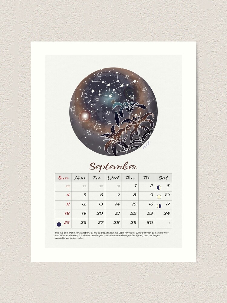 September 2022 Calendar Moon Phase Calendar 2022 Virgo Constellation Calendar Lunar Calendar 2022 Astronomy Gifts Calendario 2022 Wall Calendar" Art Print By Galleryartfield | Redbubble