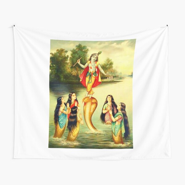 Vishnu Dances on Kaliya Daman (Raja Ravi Varma) - Yoga and Meditation - Classic Hipster - Vintage Art of India Tapestry