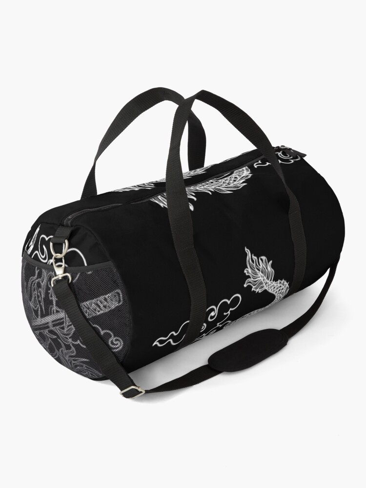 Alternate view of White Chinese Dragon with Black Background Duffle Bag