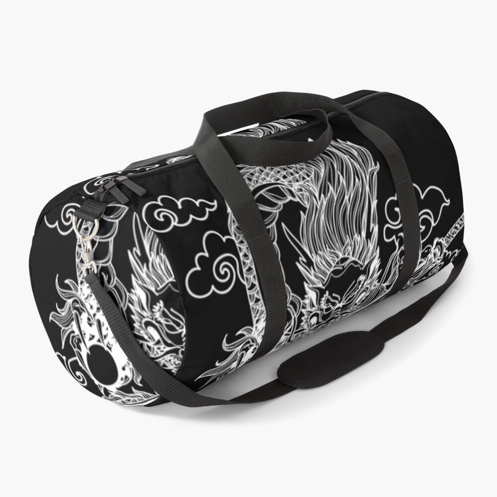 White Chinese Dragon with Black Background Duffle Bag