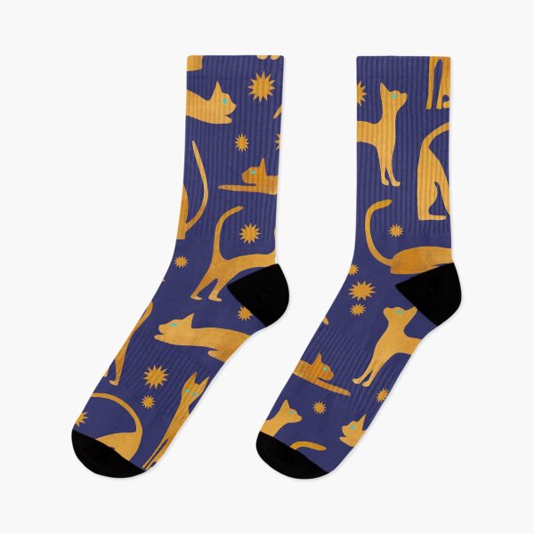 Item preview, Magical art deco golden cats and gold stars pattern with dark blue background designed and sold by CiniArt.