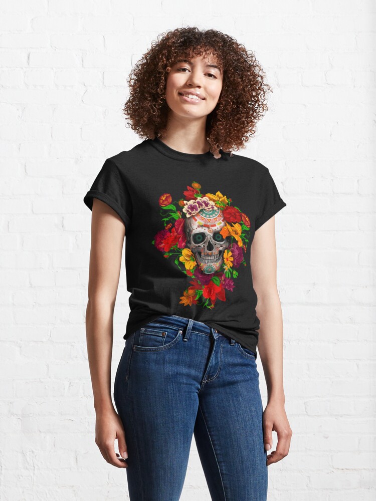 Disover Day of the dead sugar skull with flower  T-Shirt