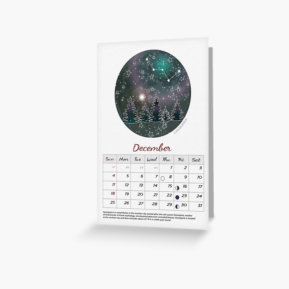 December 2022 Lunar Calendar December 2022 Calendar Moon Phase Calendar 2022 Constellation Cassiopeia Calendar  Lunar Calendar 2022 Astronomy Gifts Calendario 2022 Wall Calendar "  Greeting Card By Galleryartfield | Redbubble