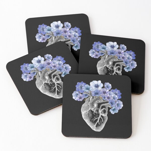 Item preview, human heart with blue anemones flowers, black designed and sold by Collagedream.