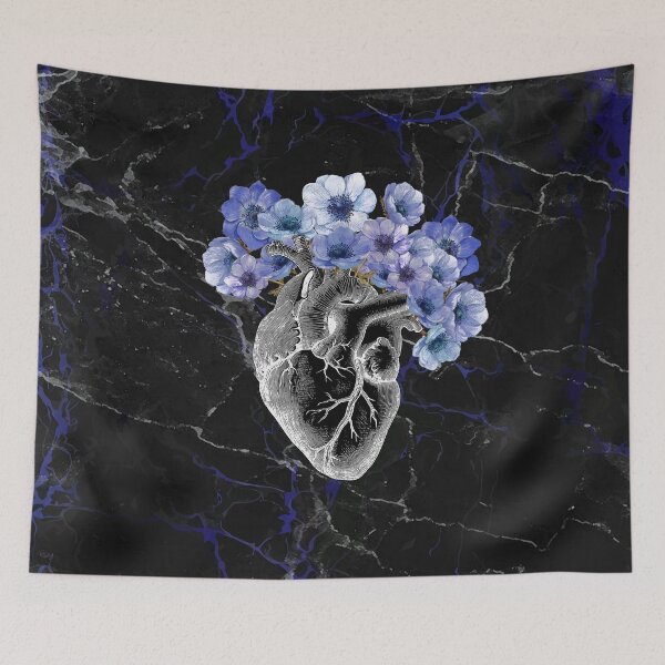 Item preview, human heart with blue anemones flowers, black designed and sold by Collagedream.