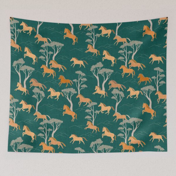 Item preview, Wild Horses Petrol Blue Brown Ponies designed and sold by Cecilia Mok.