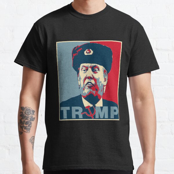 Vista previa del artículo con la obra «Camisetas y pegatinas con el cartel de Trump y Rusia», diseñado y vendido por EthosWear.