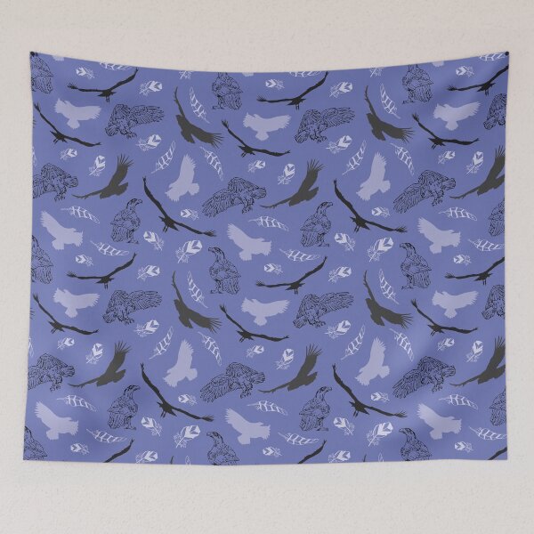 Artikelvorschau, Blaues Muster mit Federn und Eagle Line Art entworfen und verkauft von CJAura by Claire Jane Johnson.