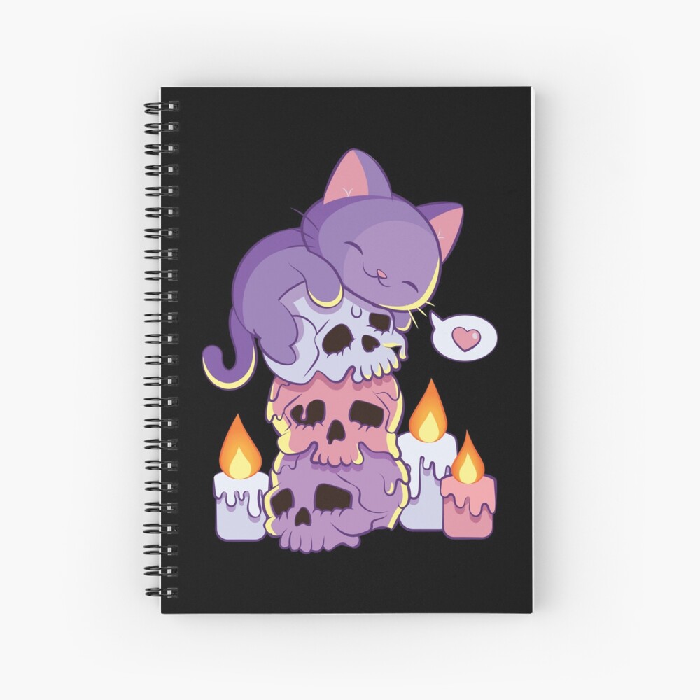 Purple Cat on Skulls Creepy Cute Aesthetic Anime Kawaii Pastel Goth