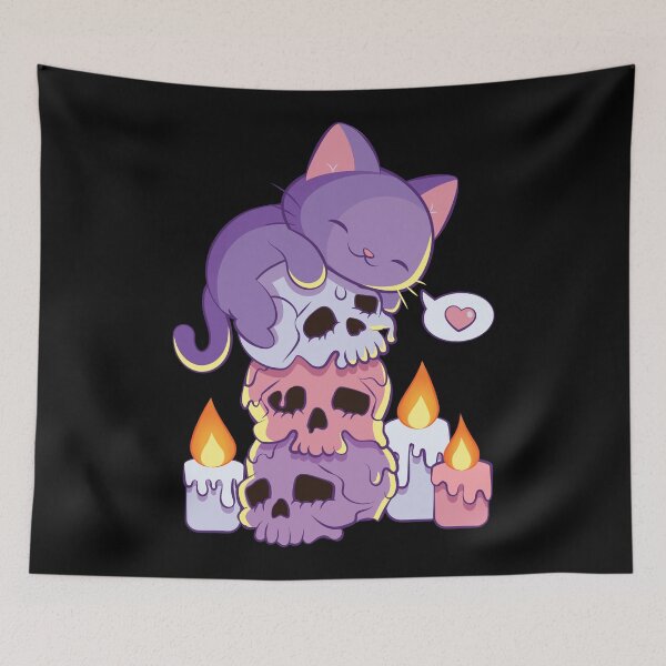 Item preview, Purple Cat on Skulls Creepy Cute Aesthetic Anime Kawaii Pastel Goth designed and sold by Irene Koh.