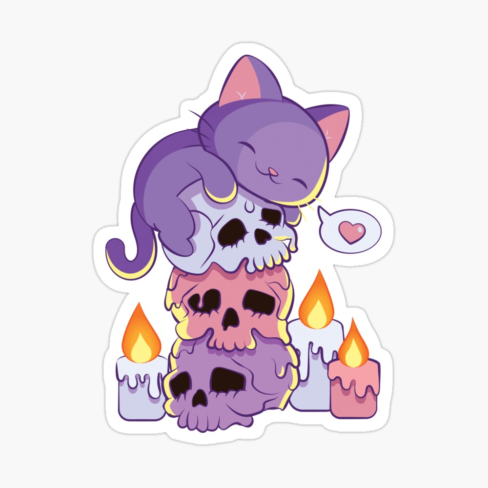 Purple Cat on Skulls Creepy Cute Aesthetic Anime Kawaii Pastel Goth