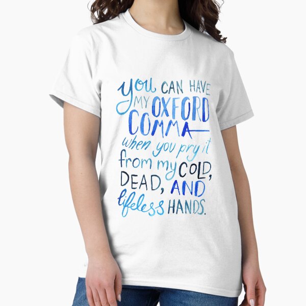 Vista previa del artículo con la obra «Oxford Comma Grammar Joke Blue Acuarela Tipografía», diseñado y vendido por Kit Cronk.
