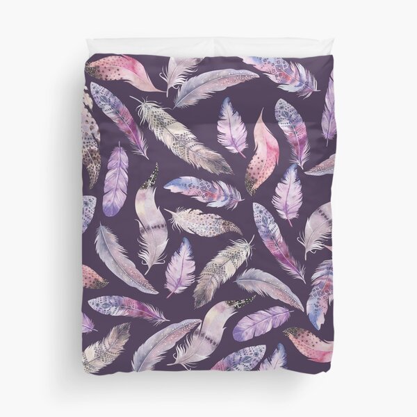 Boho Feathers Purple And Pink Watercolor Duvet Cover