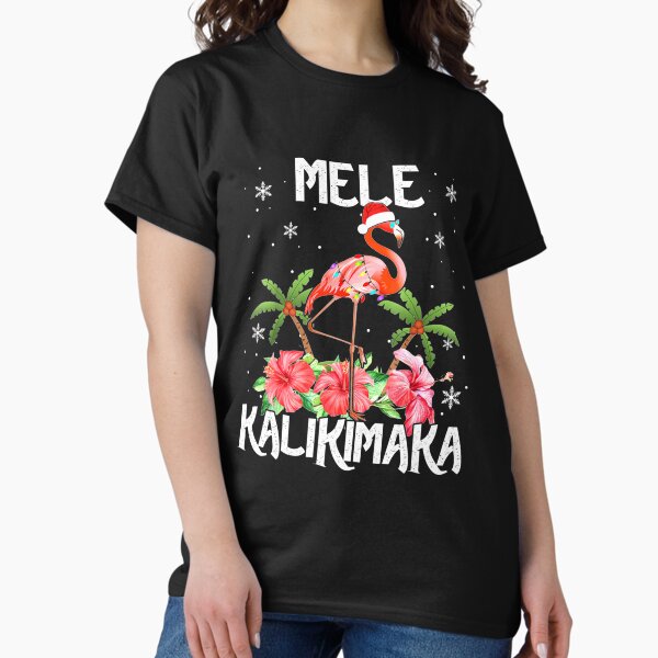 Vista previa del artículo con la obra «Mele Kalikimaka Feliz Navidad Luces Santa Flamingo», diseñado y vendido por KonnyKibbey.