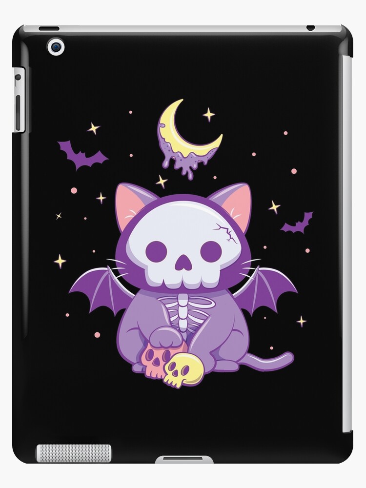 Spooky Skeleton Cat with Bats Purple Aesthetic Creepy Cute Kawaii